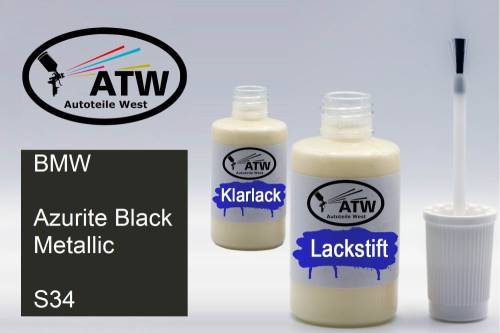 BMW, Azurite Black Metallic, S34: 20ml Lackstift + 20ml Klarlack - Set, von ATW Autoteile West.